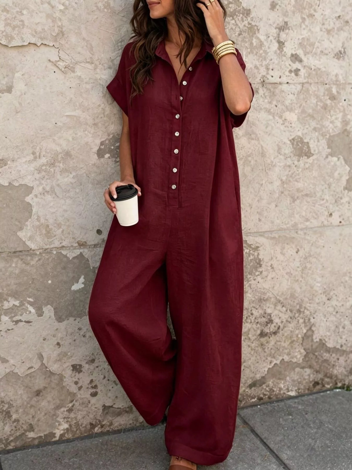 Classic Button-Front Short Sleeve Jumpsuit