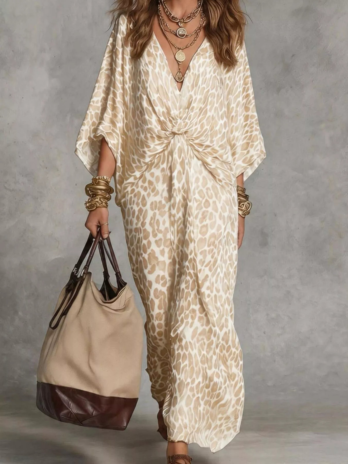 Leopard Print Twisted V-Neck Maxi Dress