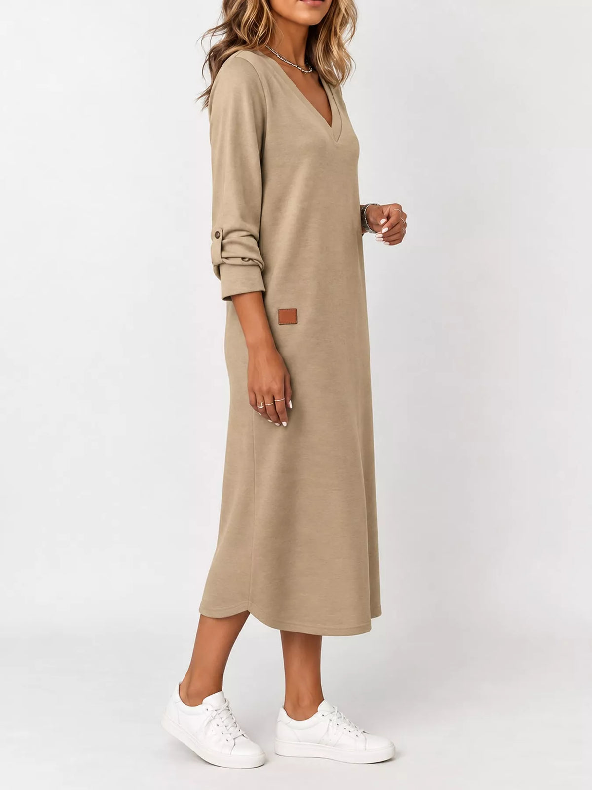 V-Neck Long Sleeve Midi Dress