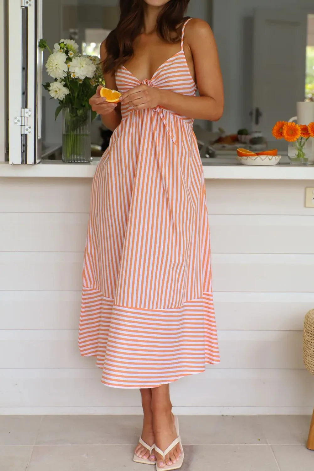 Striped Smocked-Back Midi Dress