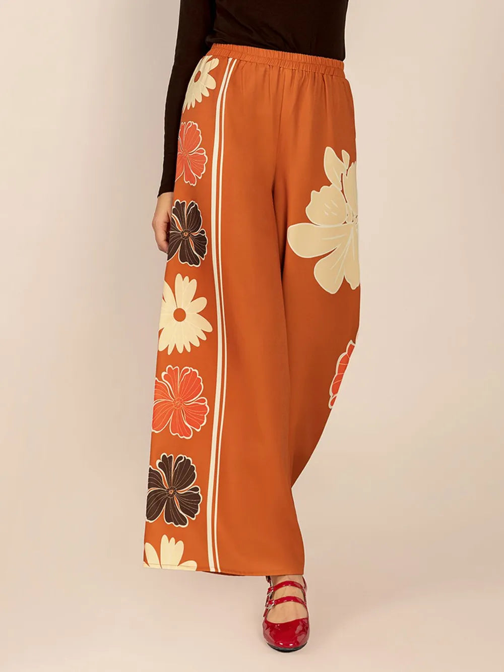 Printed Elastic Waist Wide Leg Pants in Tangerine