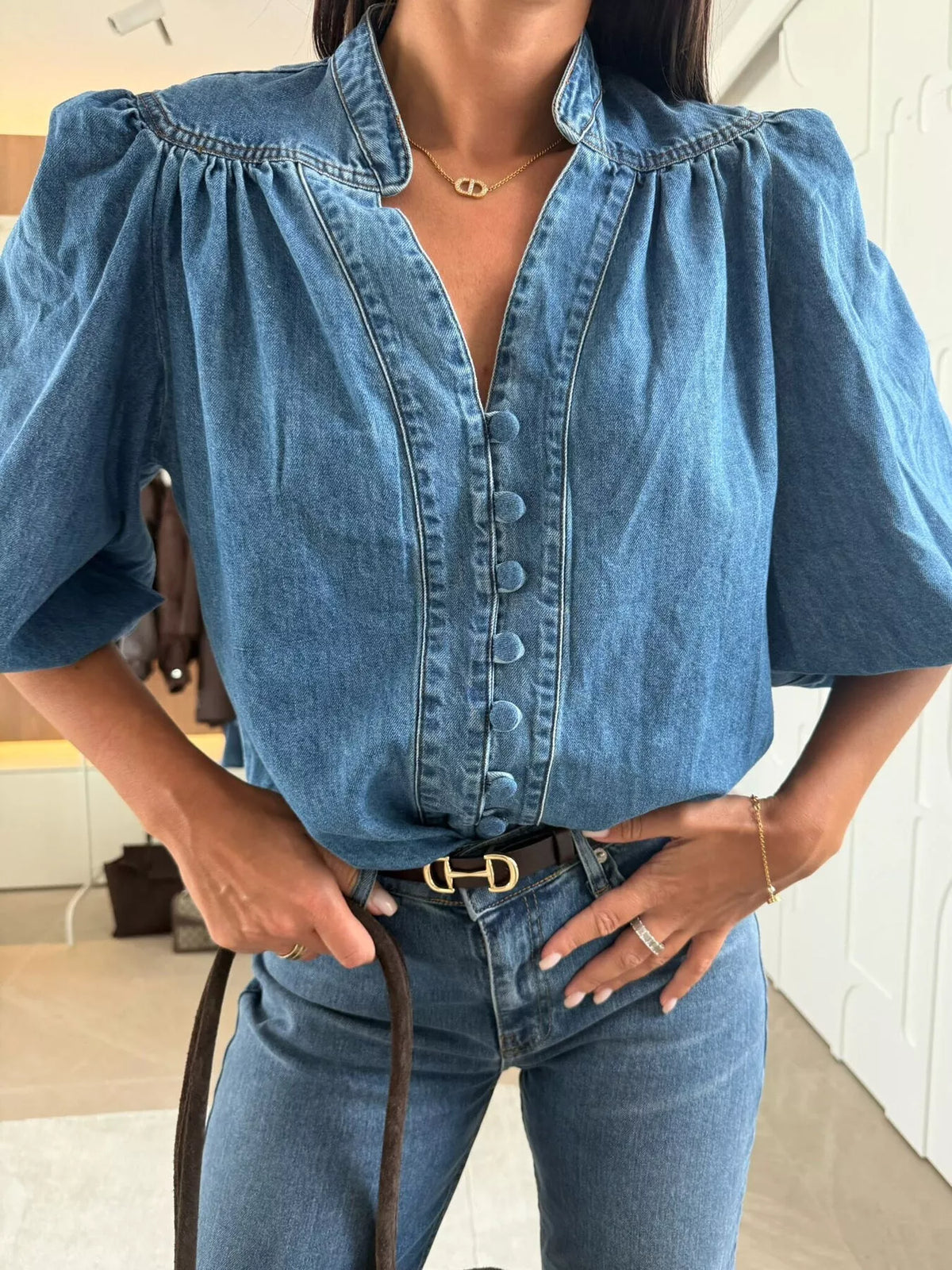Puff Sleeve Button-Front Denim Top