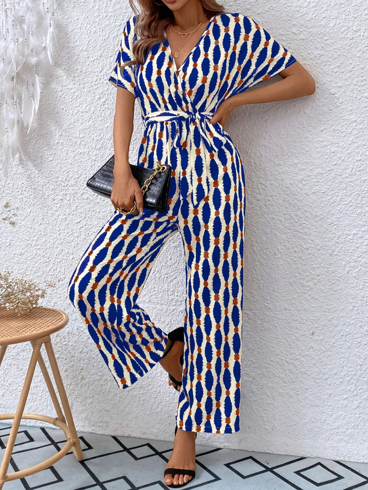 Surplice Tie Waist Short Sleeve Jumpsuit