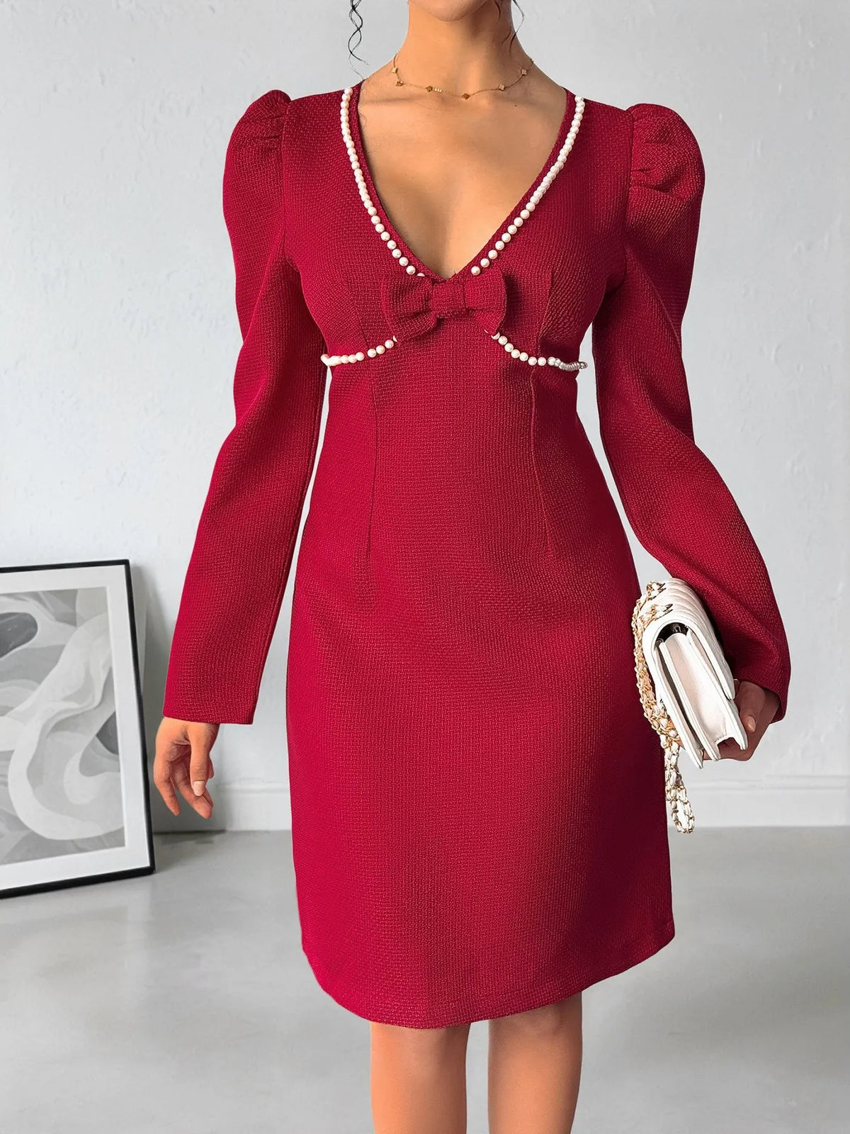 Pearl Trim V-Neck Long Sleeve Bodycon Dress in Red
