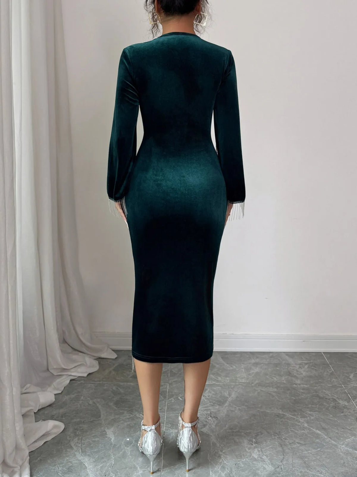 Round Neck Slit-Sleeve Dress in Dark Green