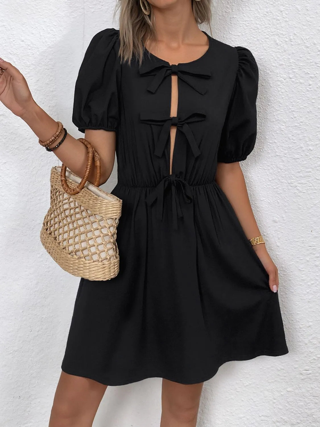 Tie Front Puff Sleeve Mini Dress in Black