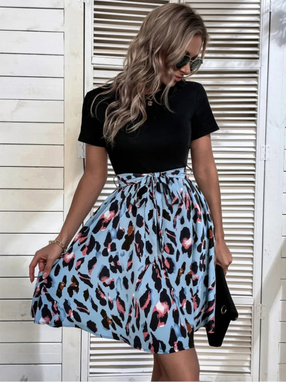 Tied Front Leopard Print Short Sleeve Mini Dress