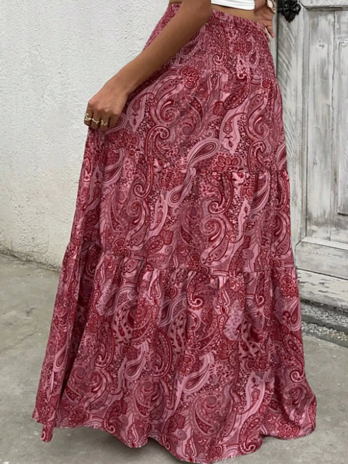 Paisley Print Tiered Maxi Skirt