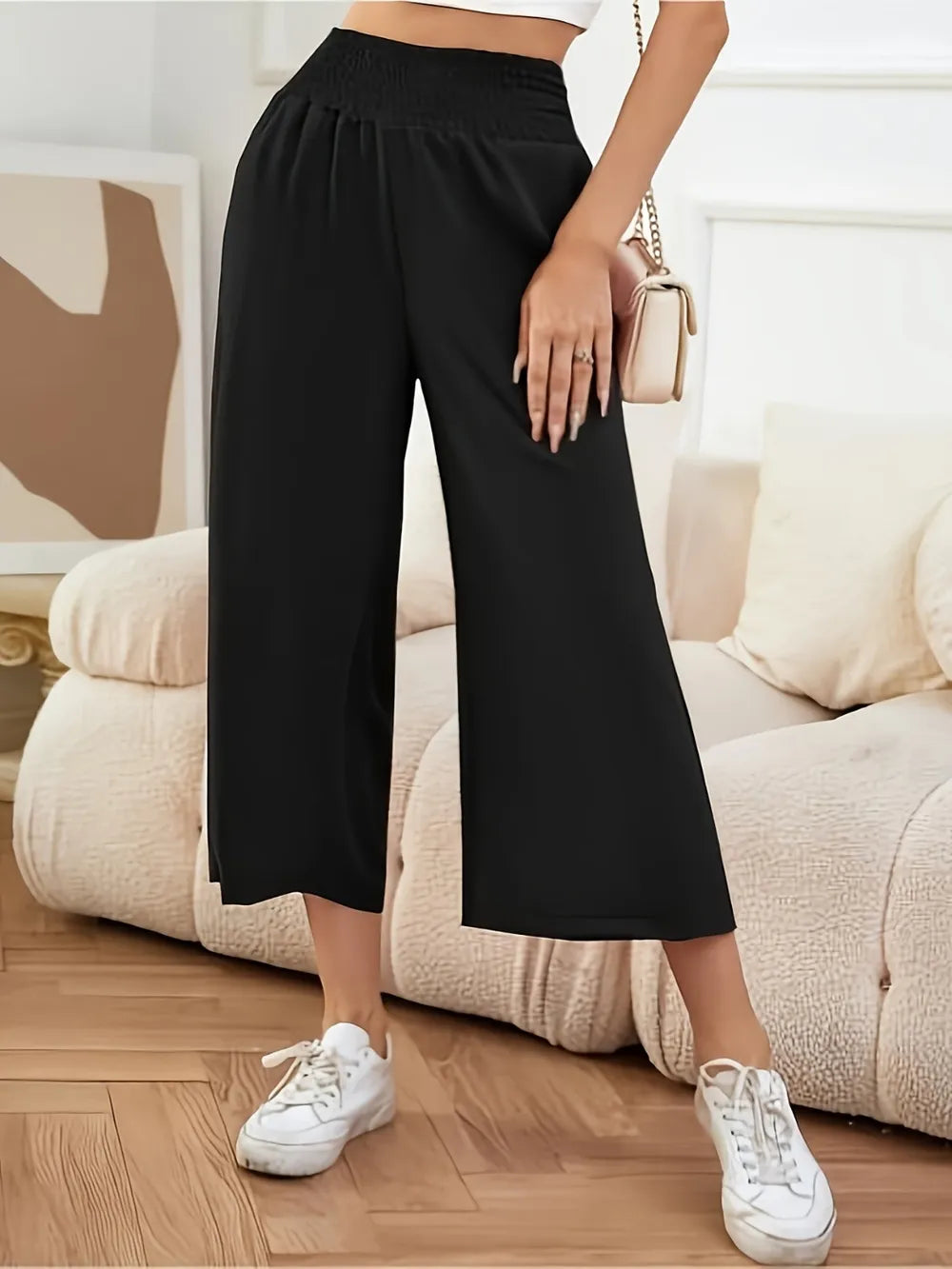Elastic Waist Wide Leg Pants in Black