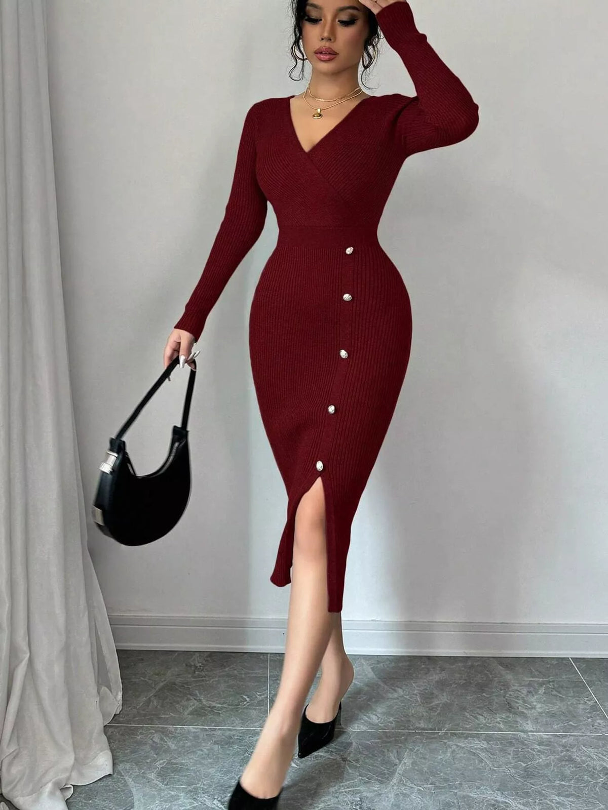 Decorative Button Ribbed Knit Sweater Dress