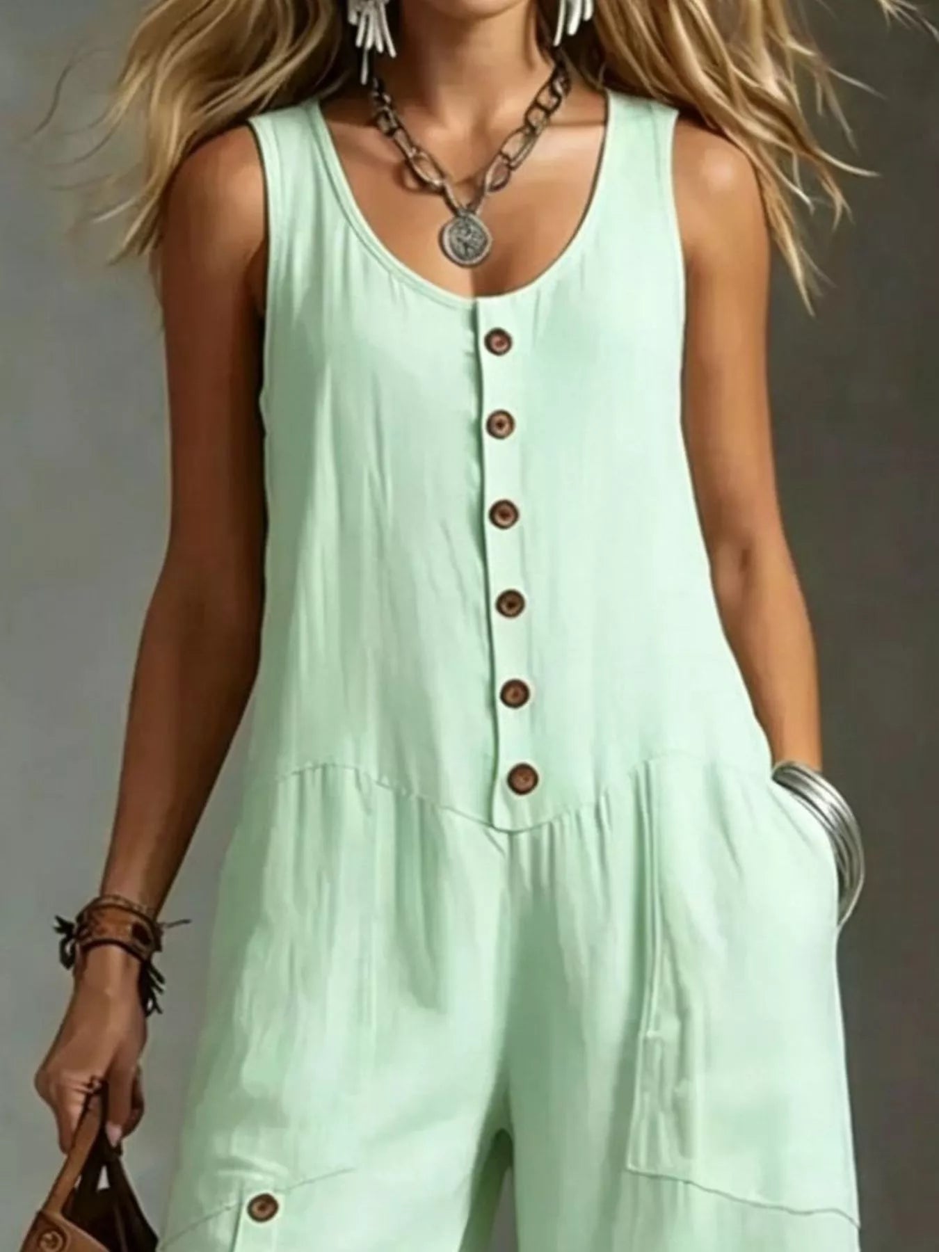 Sleeveless Button-Down Wide-Leg Jumpsuit