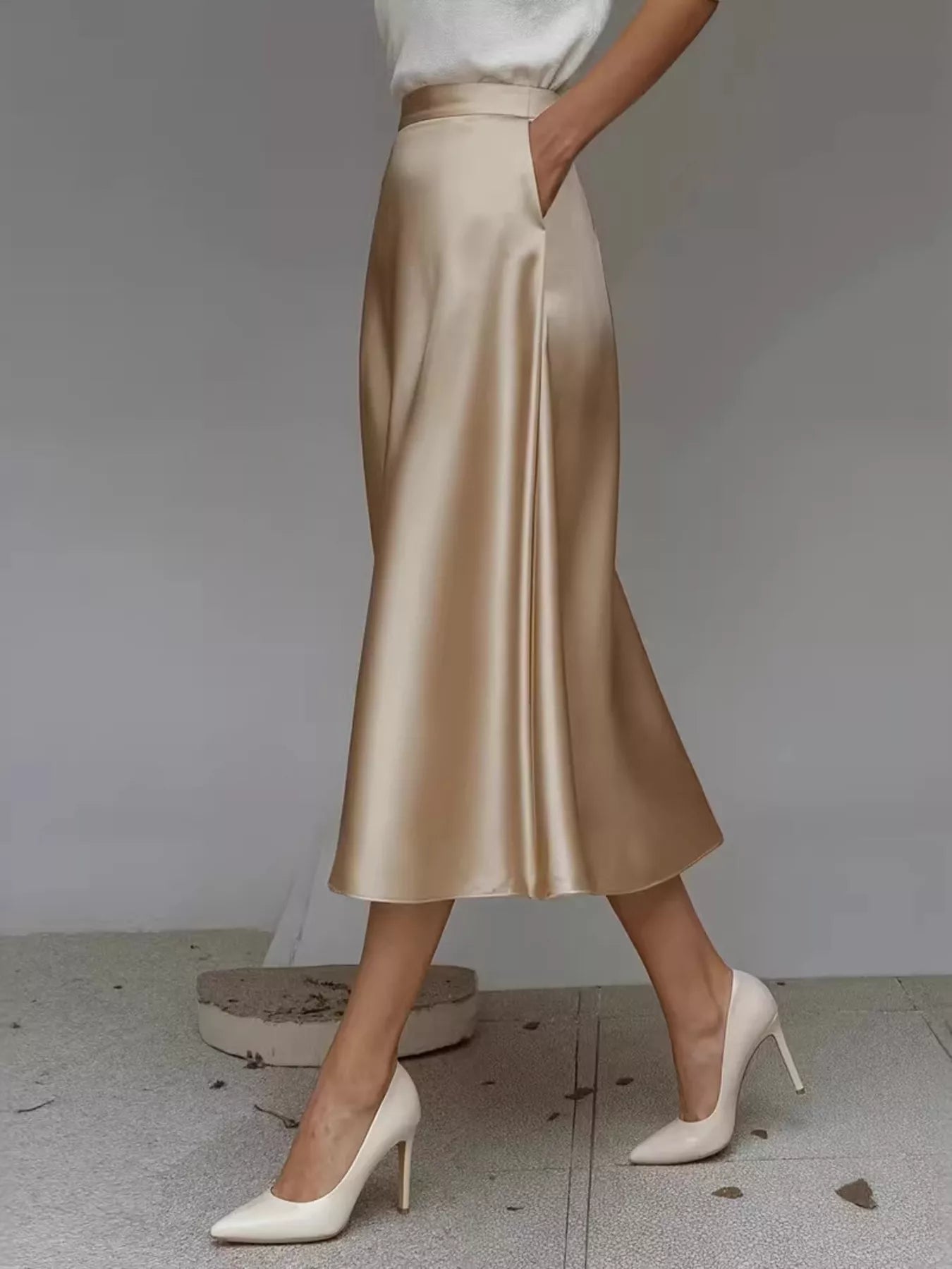 Satin Midi Skirt with Pockets