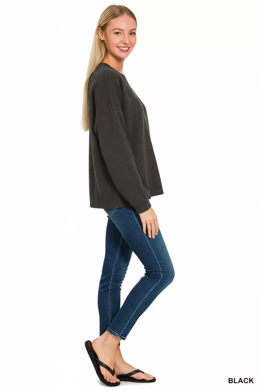 Zenana Double Knit Round Neck Top in Black