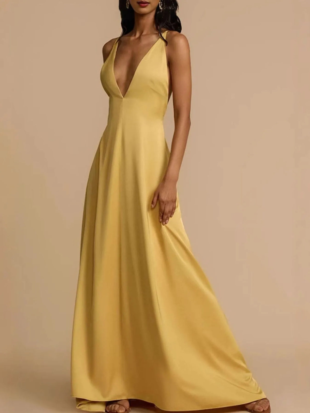 Deep V-Neck Maxi Dress in Gold