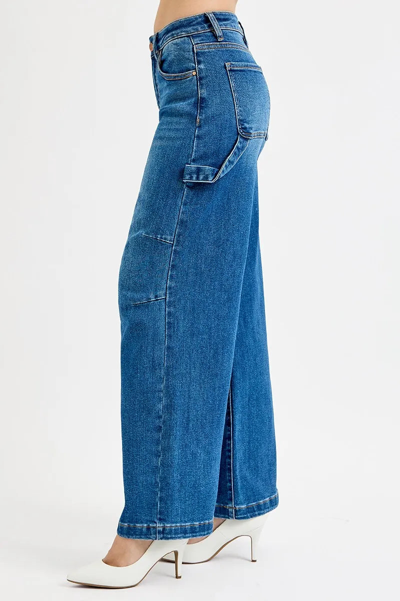 Risen High Rise Wide Leg Jeans with Patch Detail in Dark Wash