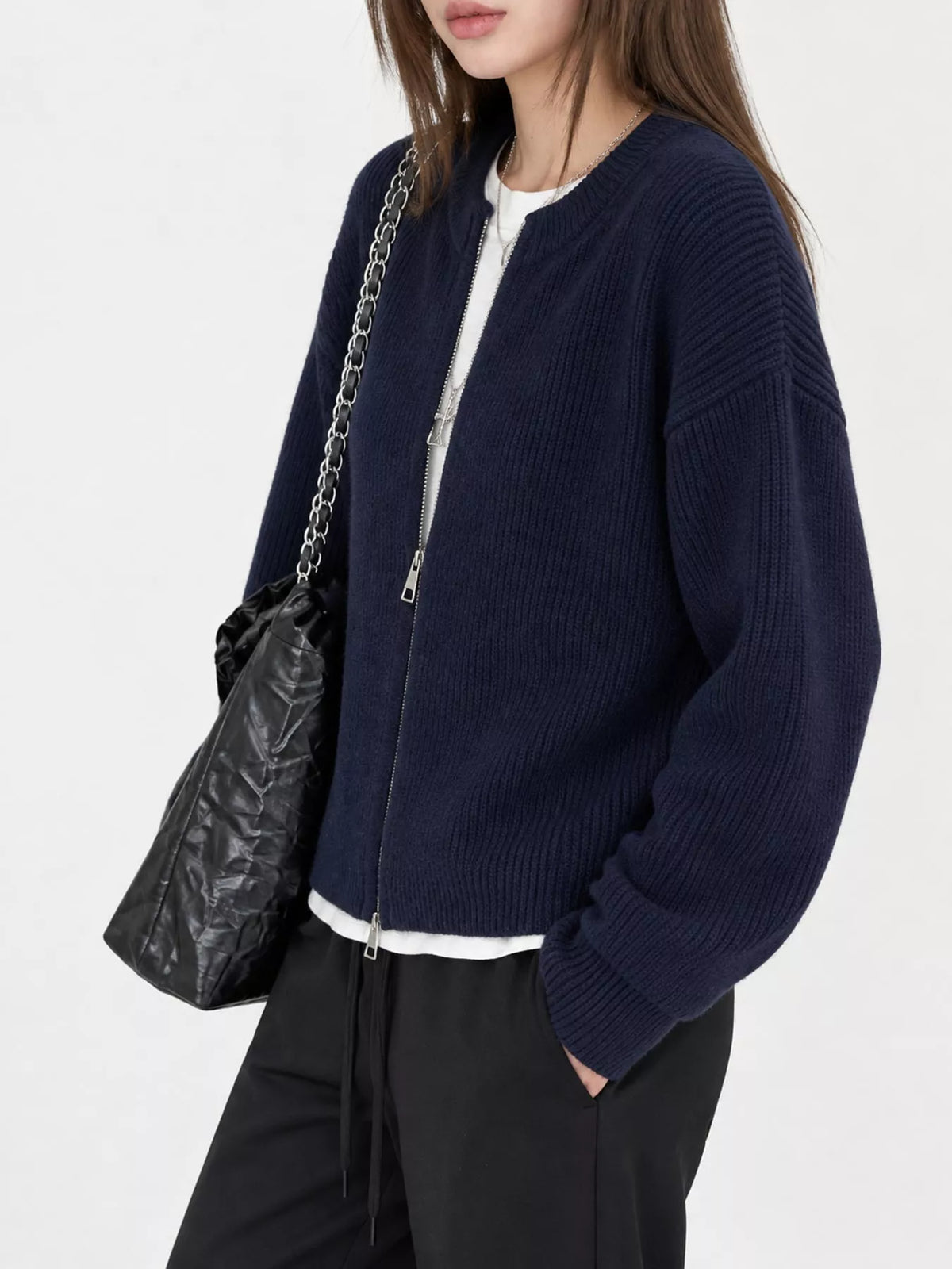 Zip-Up Dropped Shoulder Ribbed Cardigan