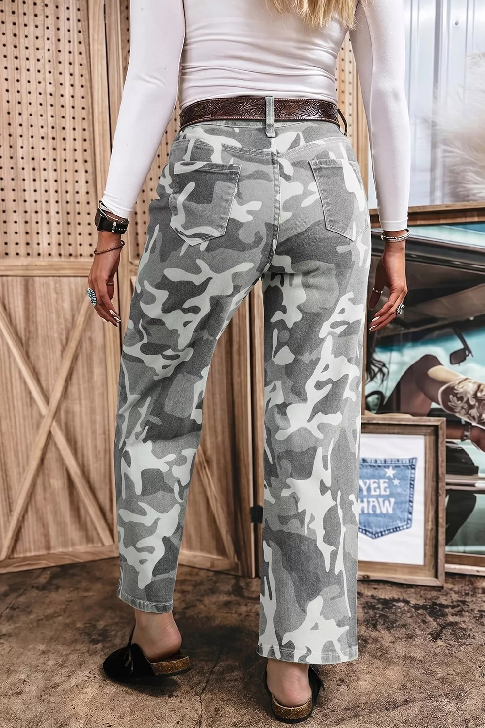 Camo Print Denim Shift Jeans in Sage