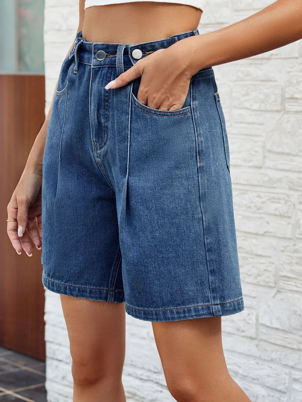 High Waist Button-Front Denim Shorts with Pockets by Manny