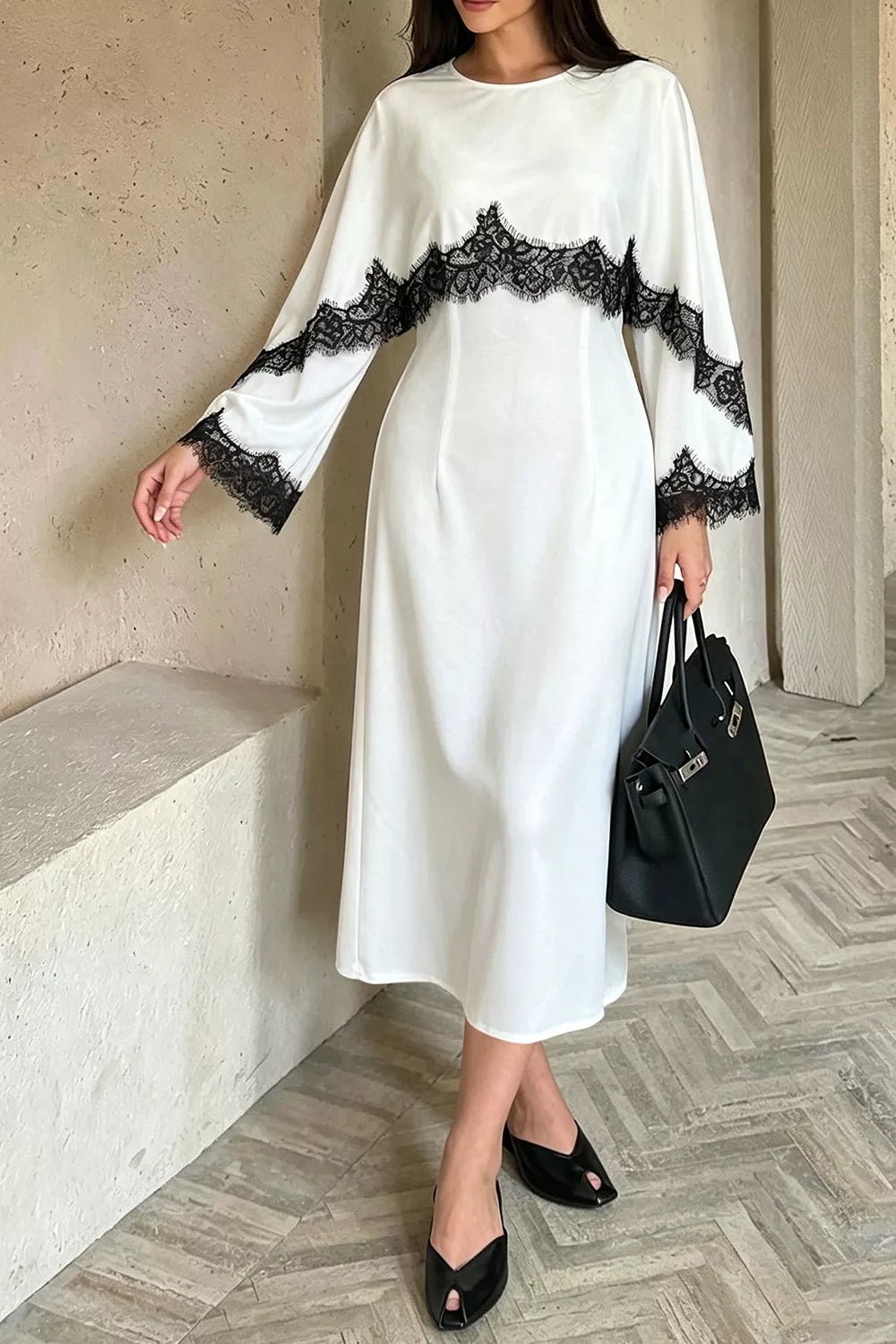 Lace Trim Round Neck Midi Dress in White