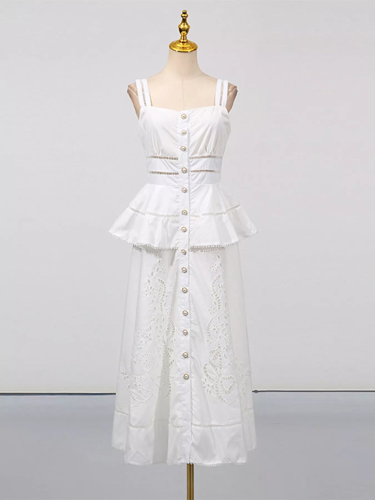 Sleeveless Eyelet Embroidered Button-Down Midi Dress in White