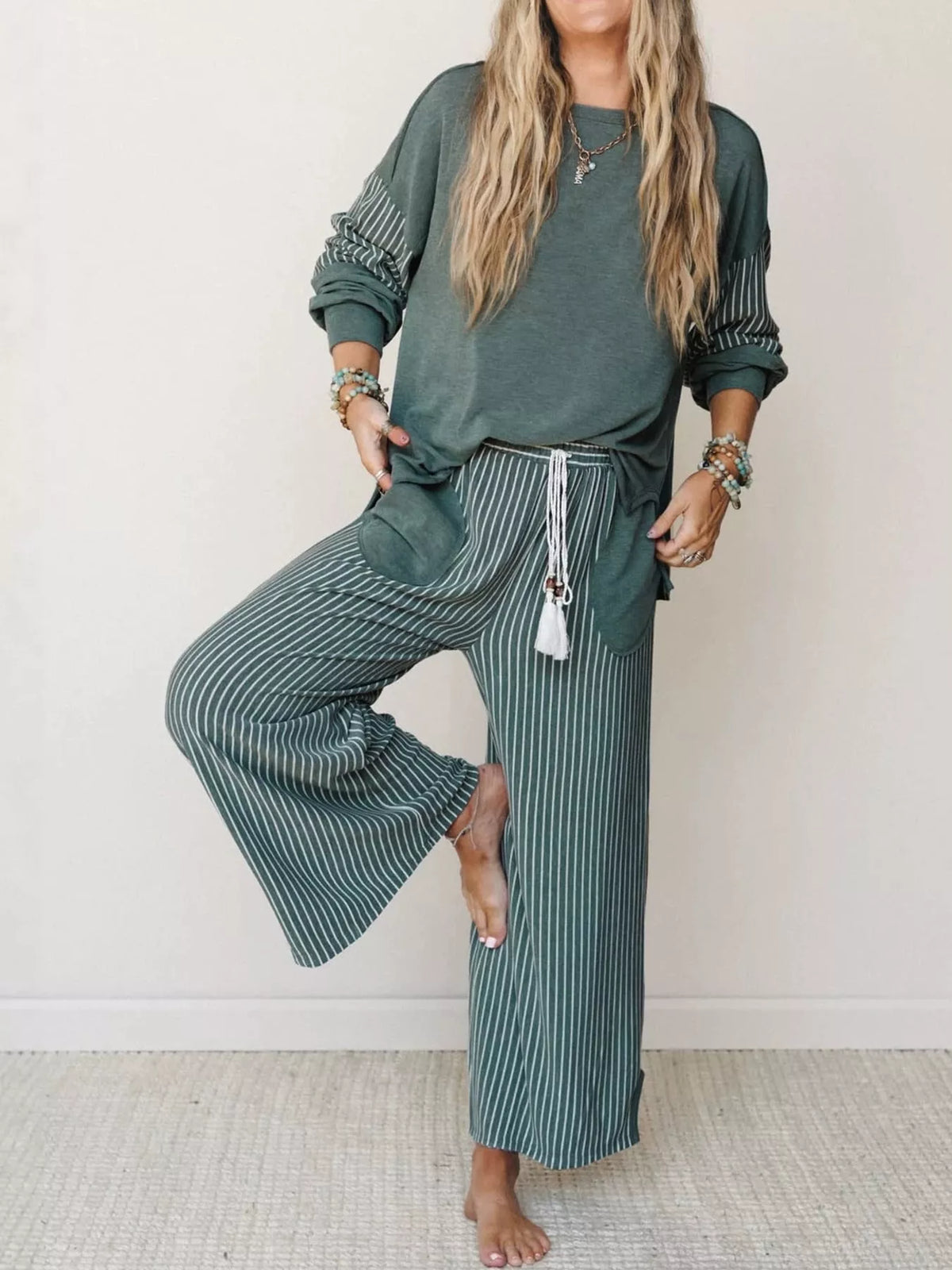 Striped Boat-Neck Top and Wide-Leg Pants Set