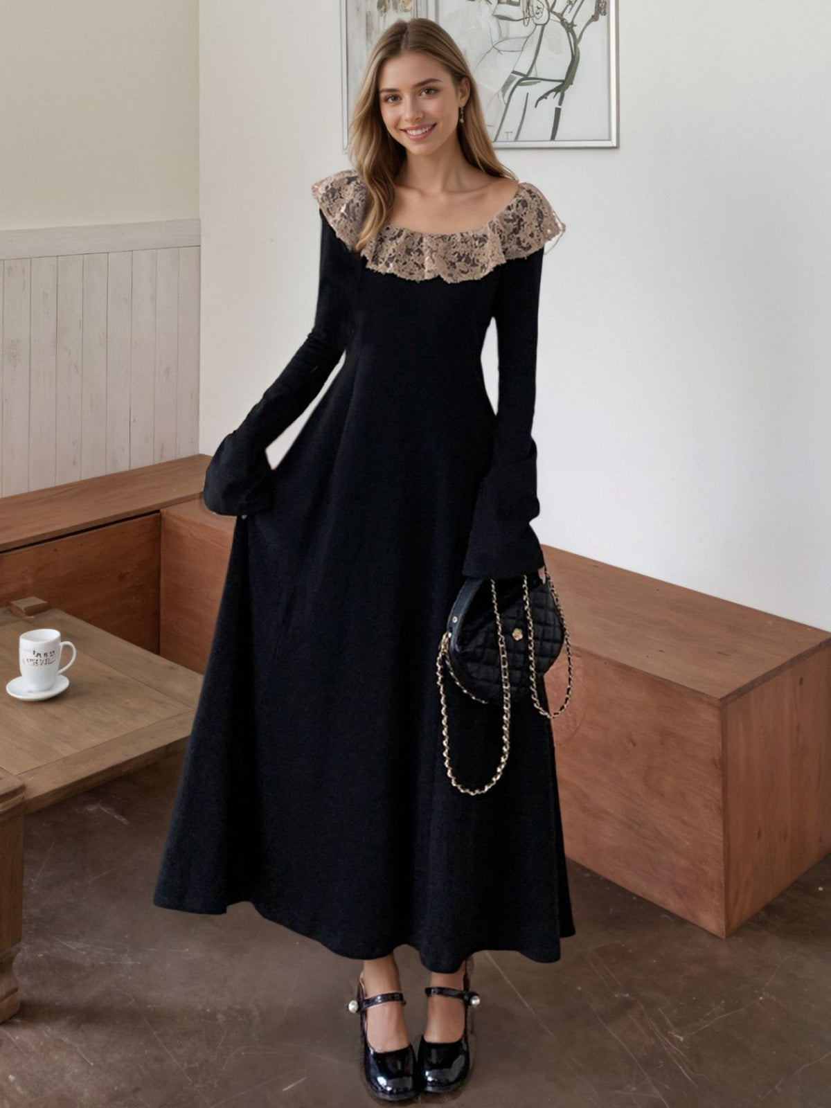 Lace Collar Long Sleeve Dress in Black