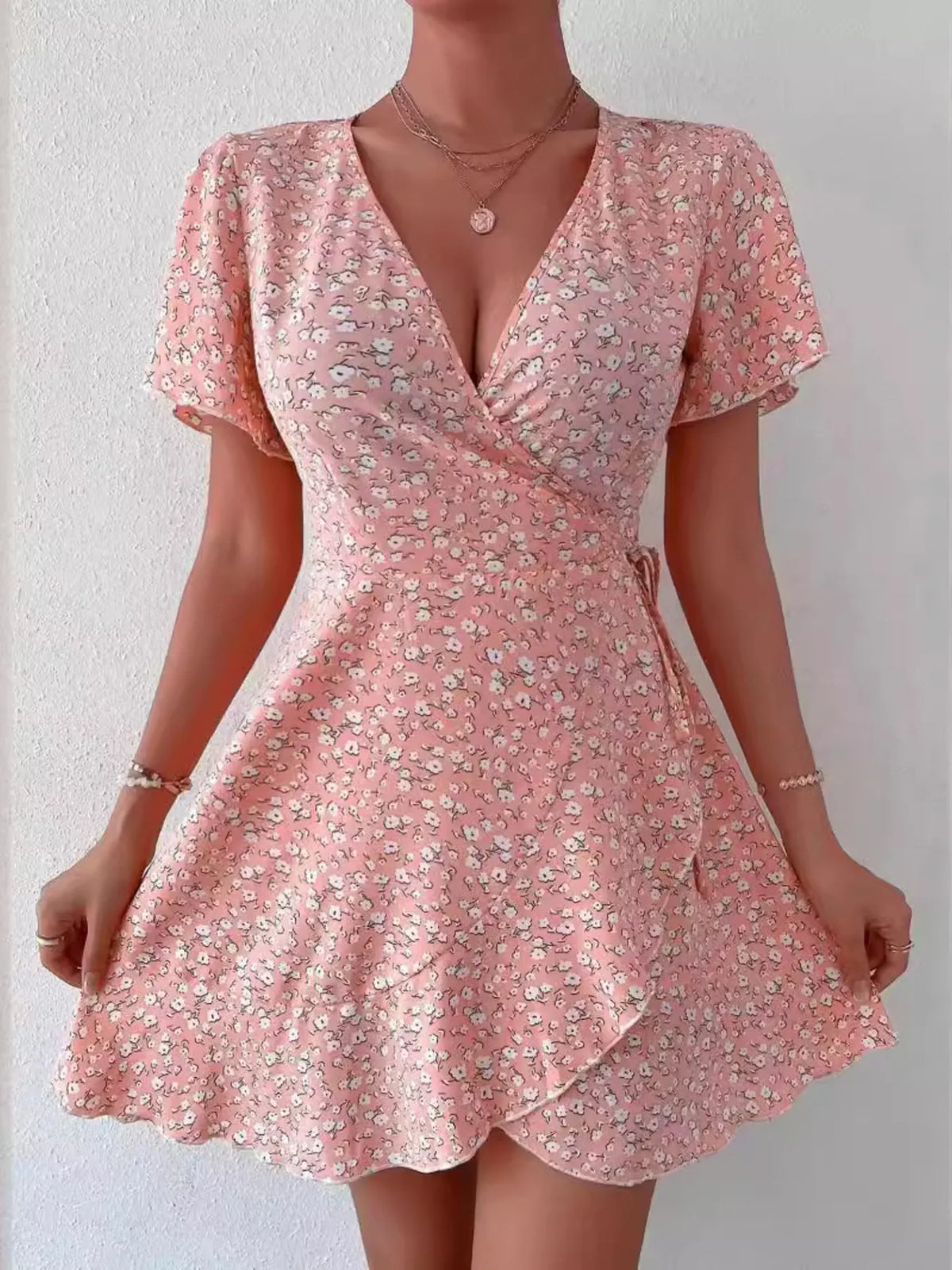 Floral Flutter Sleeve Wrap Mini Dress by Elaine