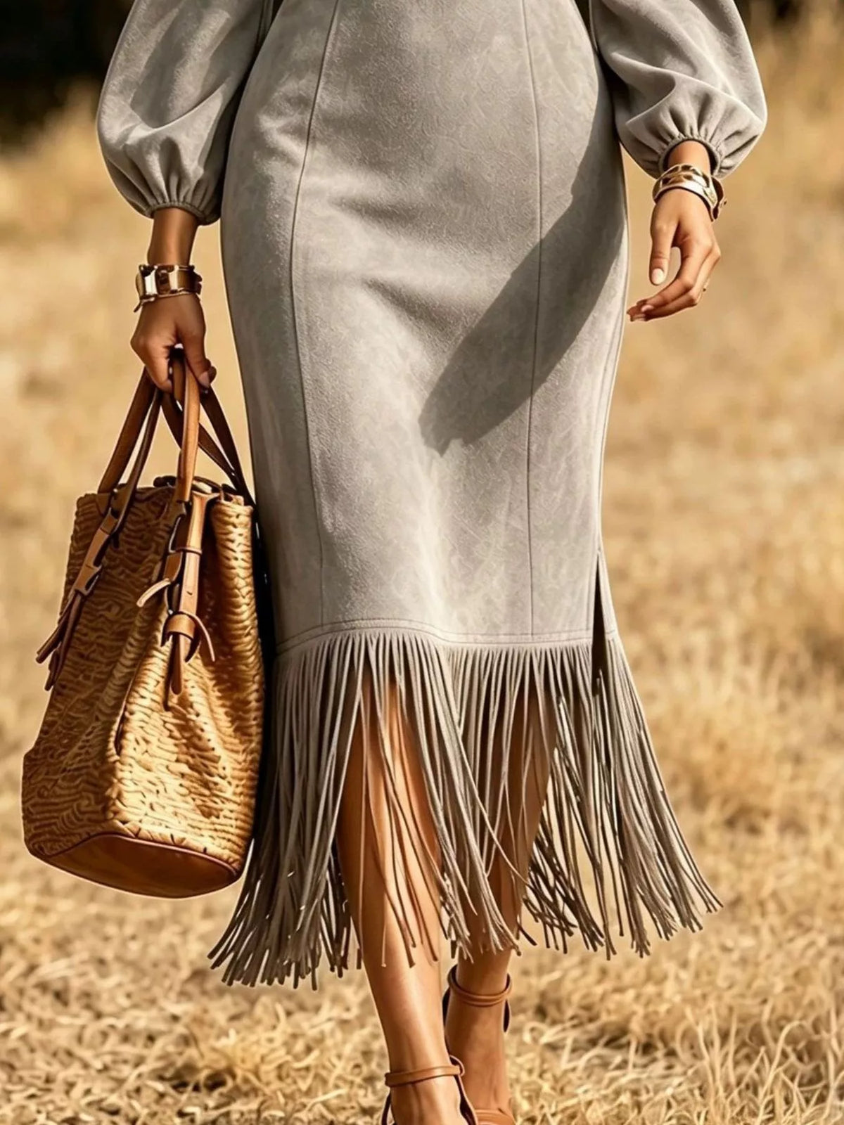 Fringe Round Neck Balloon Sleeve Dress