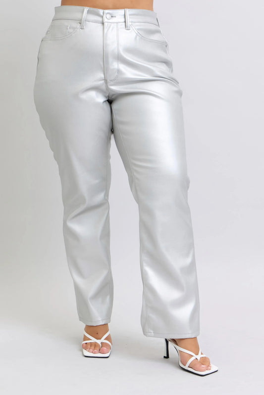 Judy Blue High Waist Faux Leather Pants in Metallic Silver