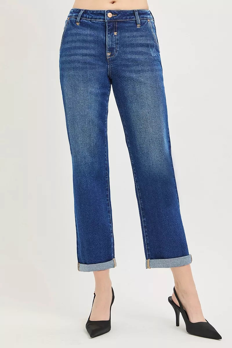 Risen Slouchy Cropped Boyfriend Jeans in Dark Wash