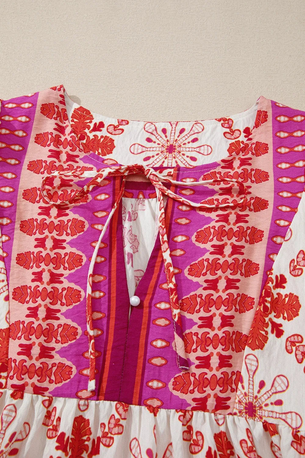 Hot Pink Boho Floral Tie-Neck Mini Dress