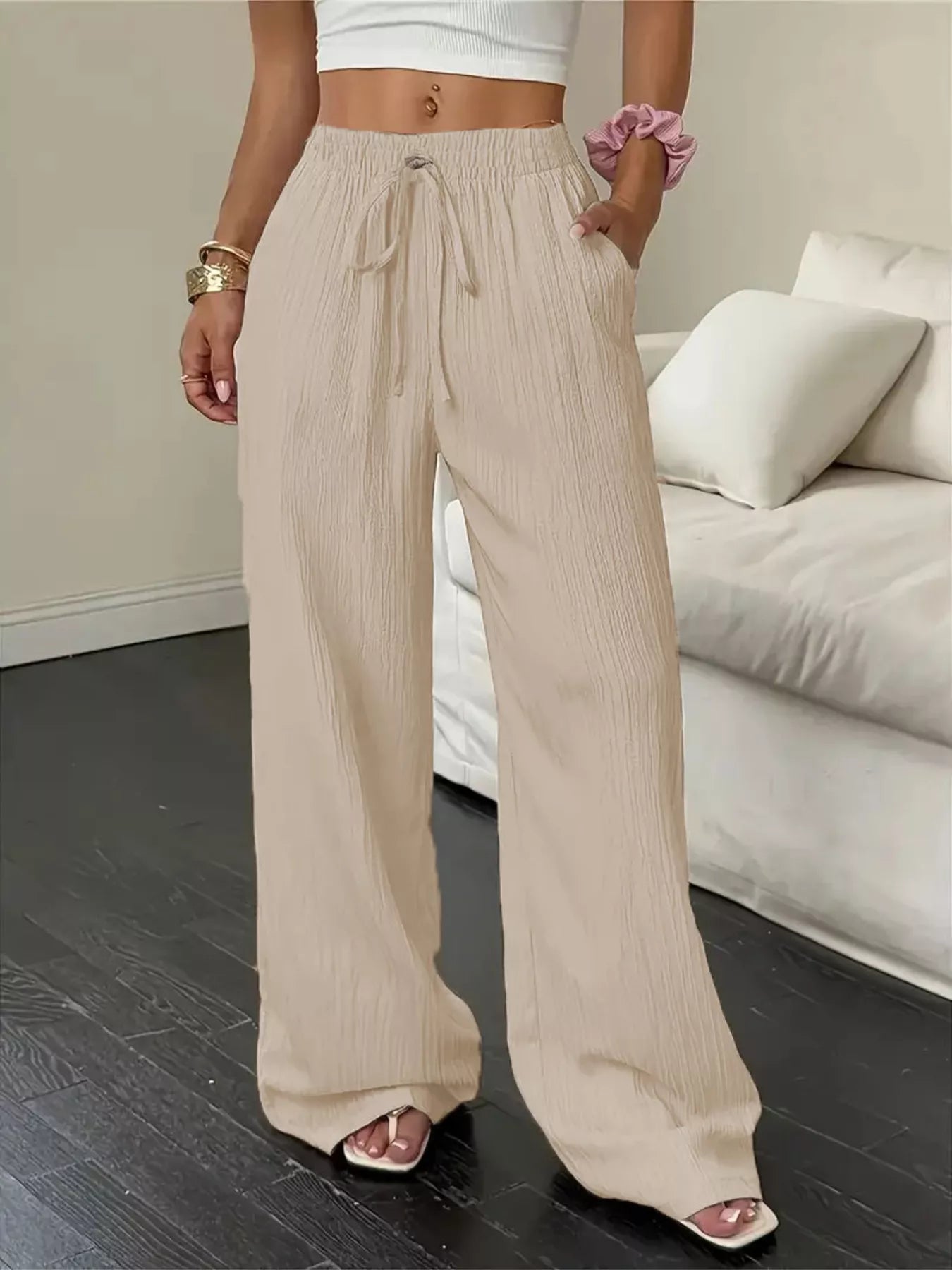 Wide Leg Drawstring Pants with Pockets