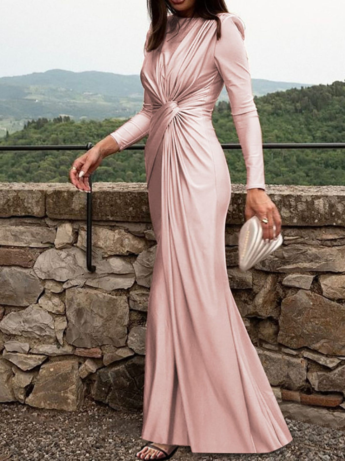 Ruched Knot-Front Long Sleeve Maxi Dress