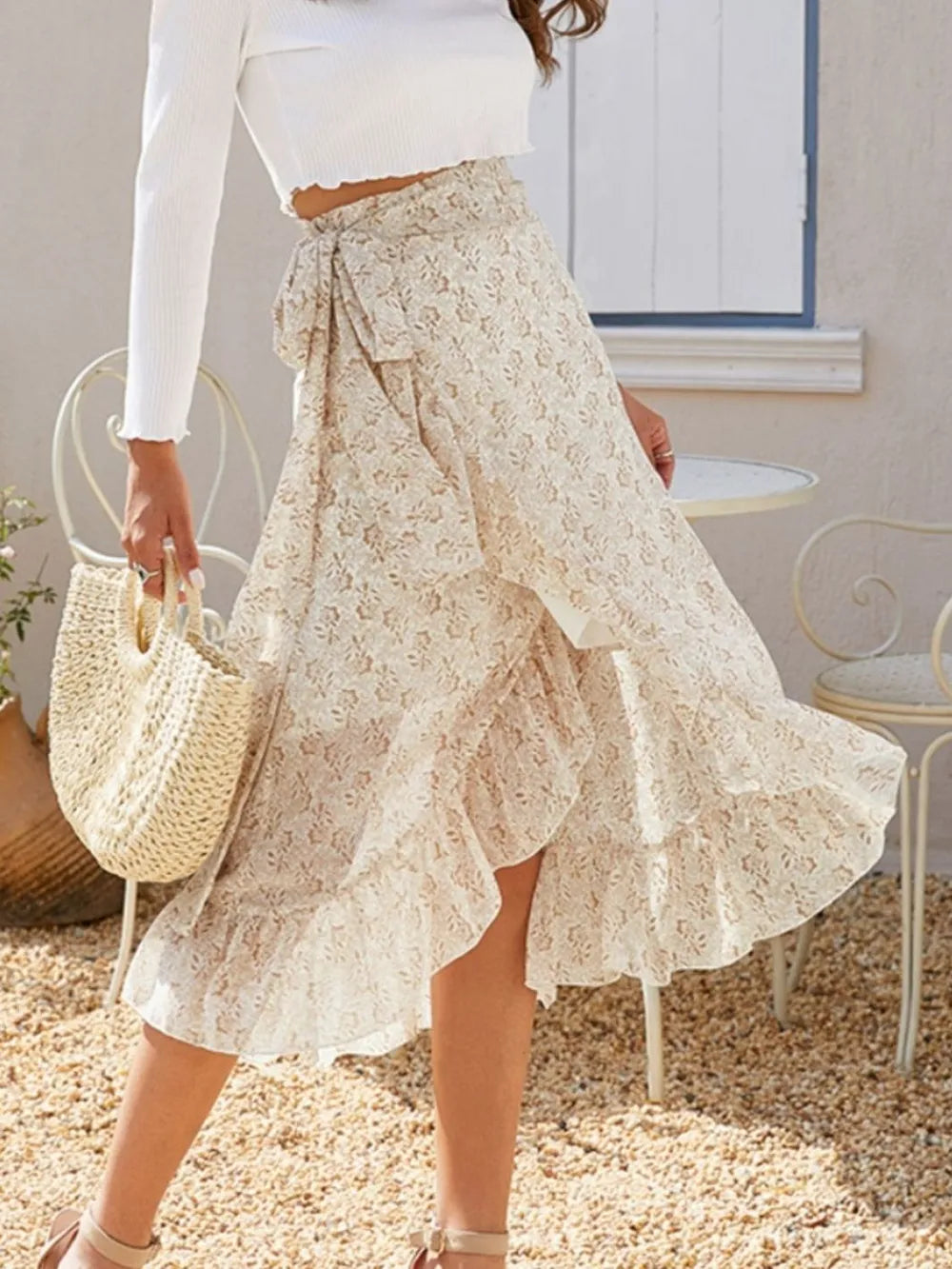 Printed Ruffled Midi Skirt