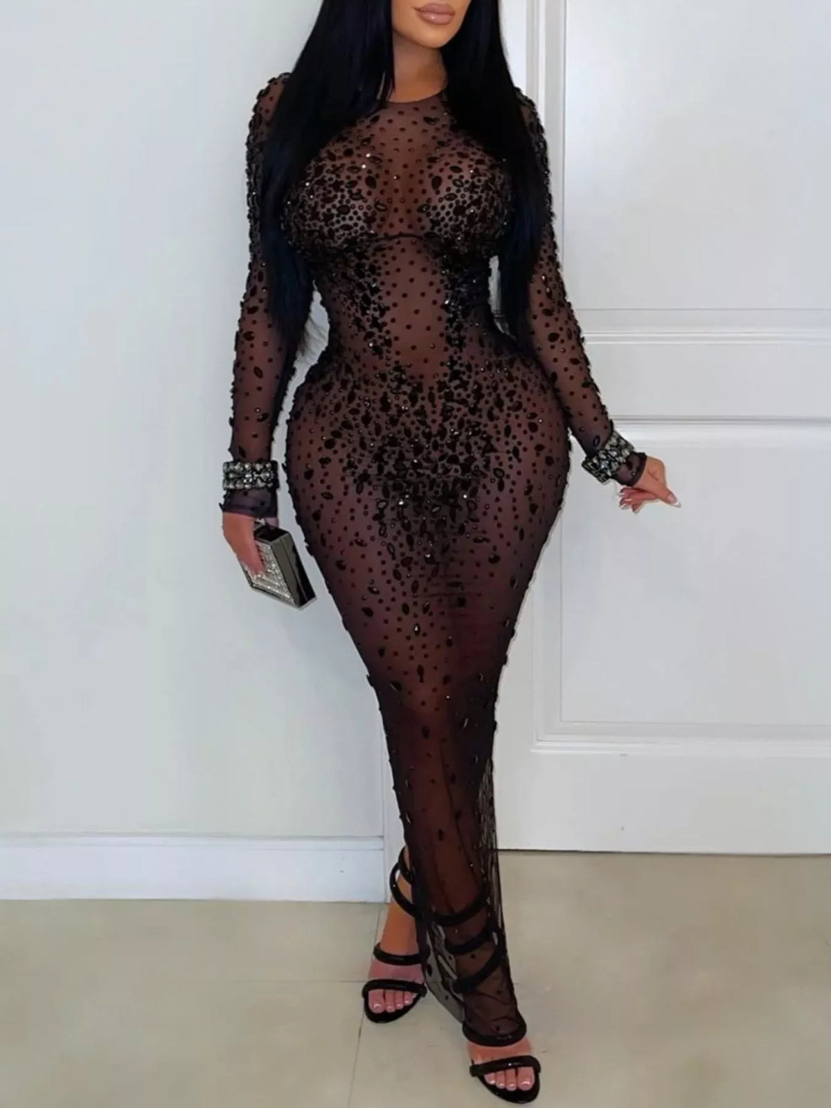 Sheer Mesh Rhinestone Evening Dress in Black