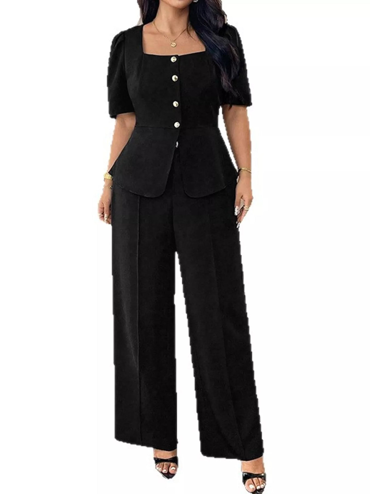 Peplum Top and Wide-Leg Pants Two-Piece Set