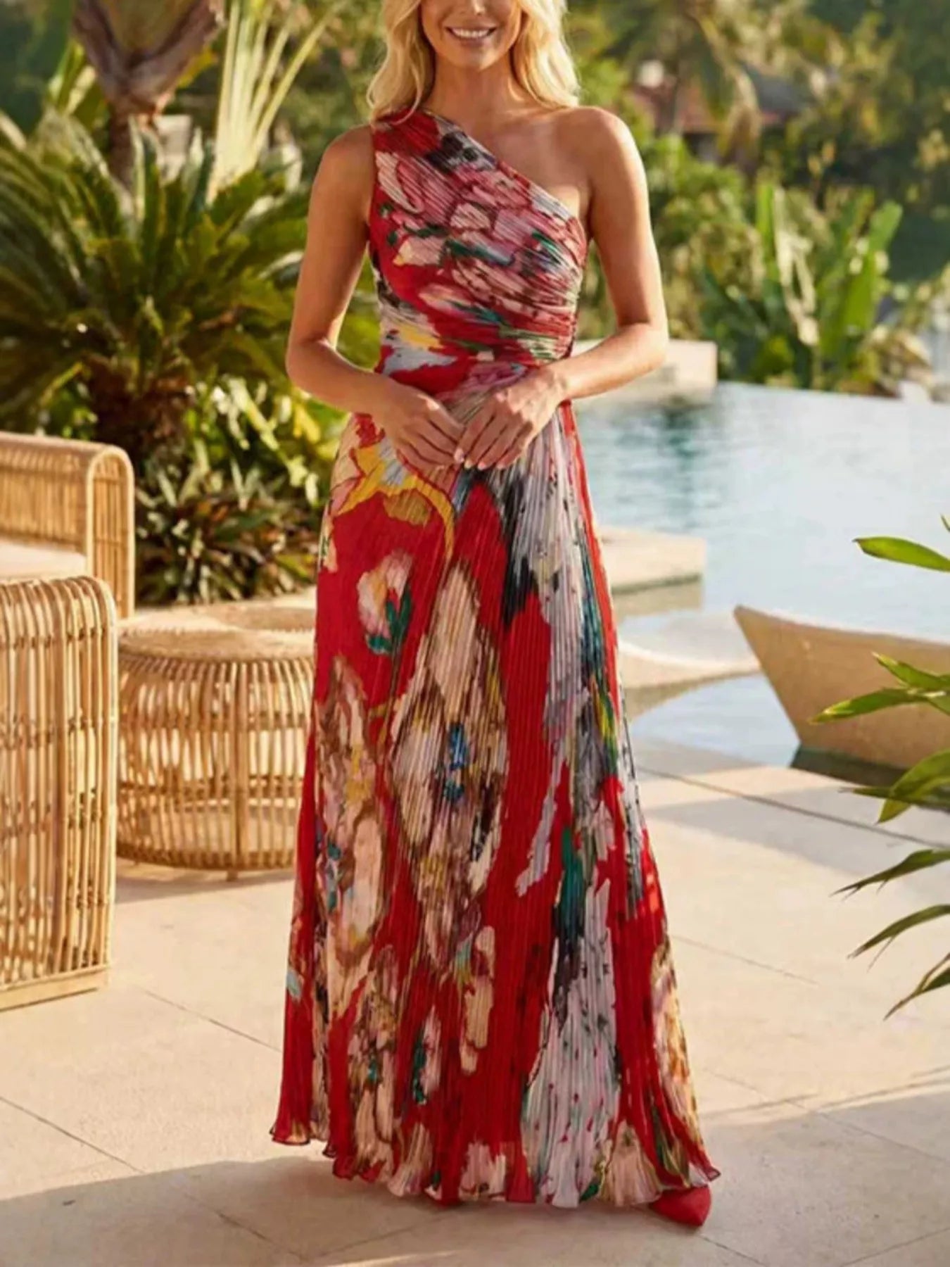 One-Shoulder Pleated Floral Maxi Dress in Red