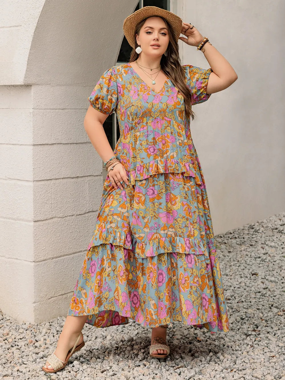 Printed V-Neck Short Sleeve Maxi Dress in Multicolor