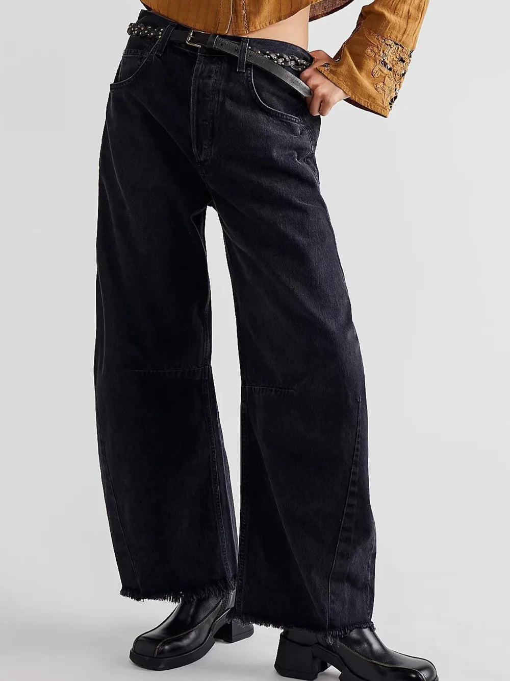 Raw Hem Wide-Leg Jeans in Black by O@B@L
