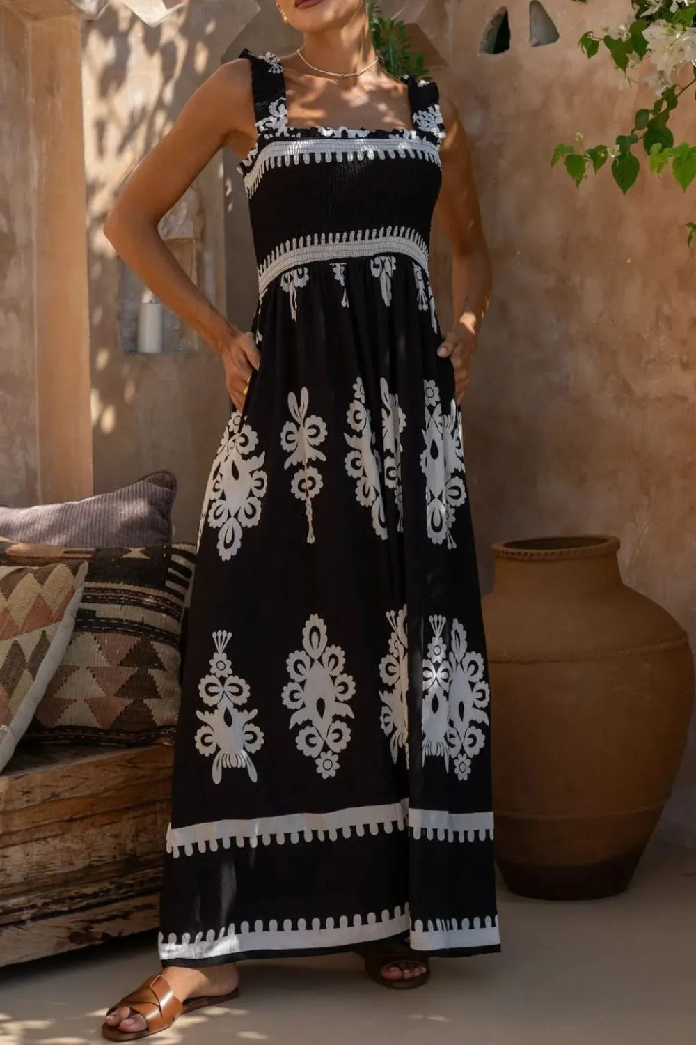 Printed Square Neck Cami Dress with Pockets