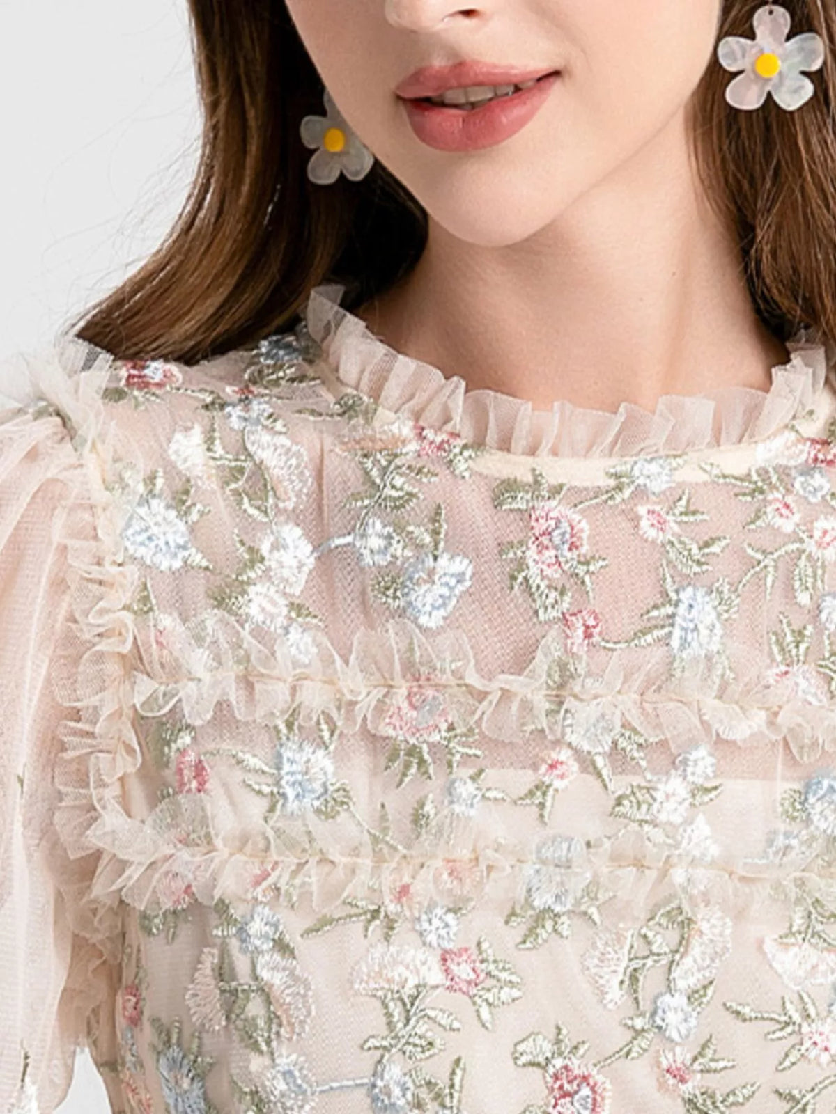 Floral Tulle Layered Maxi Dress in Apricot