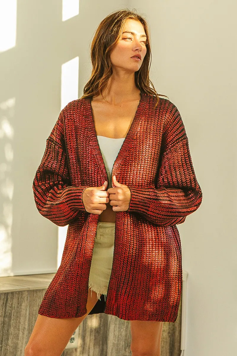 Metallic Open Front V-Neck Cardigan in Burnt Orange by BiBi