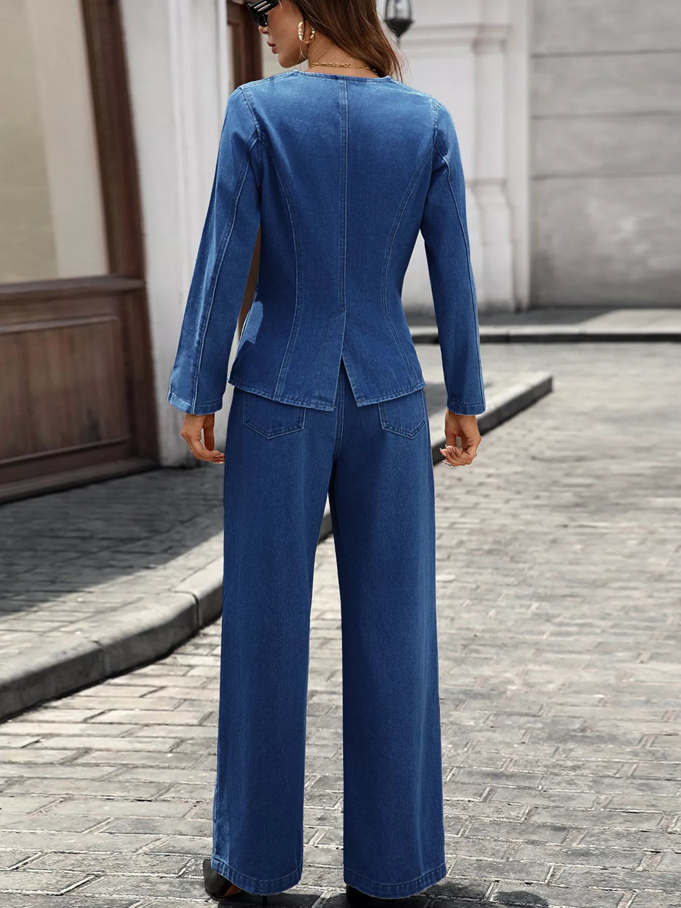 Button-Up Long Sleeve Top and Jeans Denim Set by Moni Wear