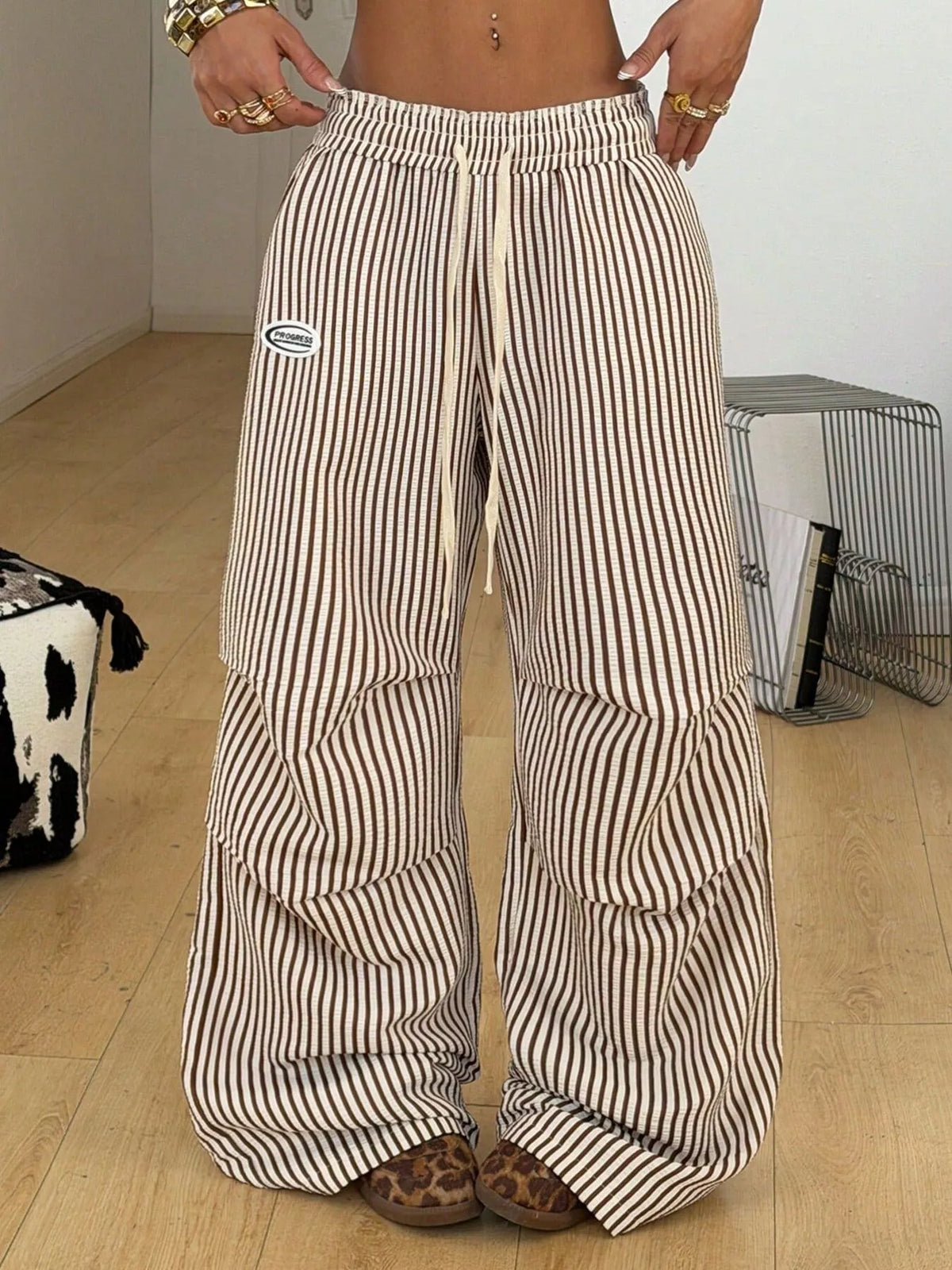 High-Waisted Striped Wide-Leg Cargo Pants in Khaki