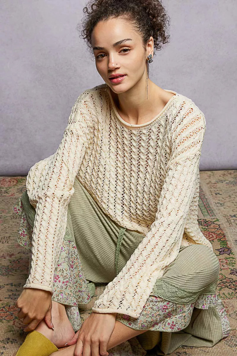 Openwork Round Neck Knit Top in Natural by POL