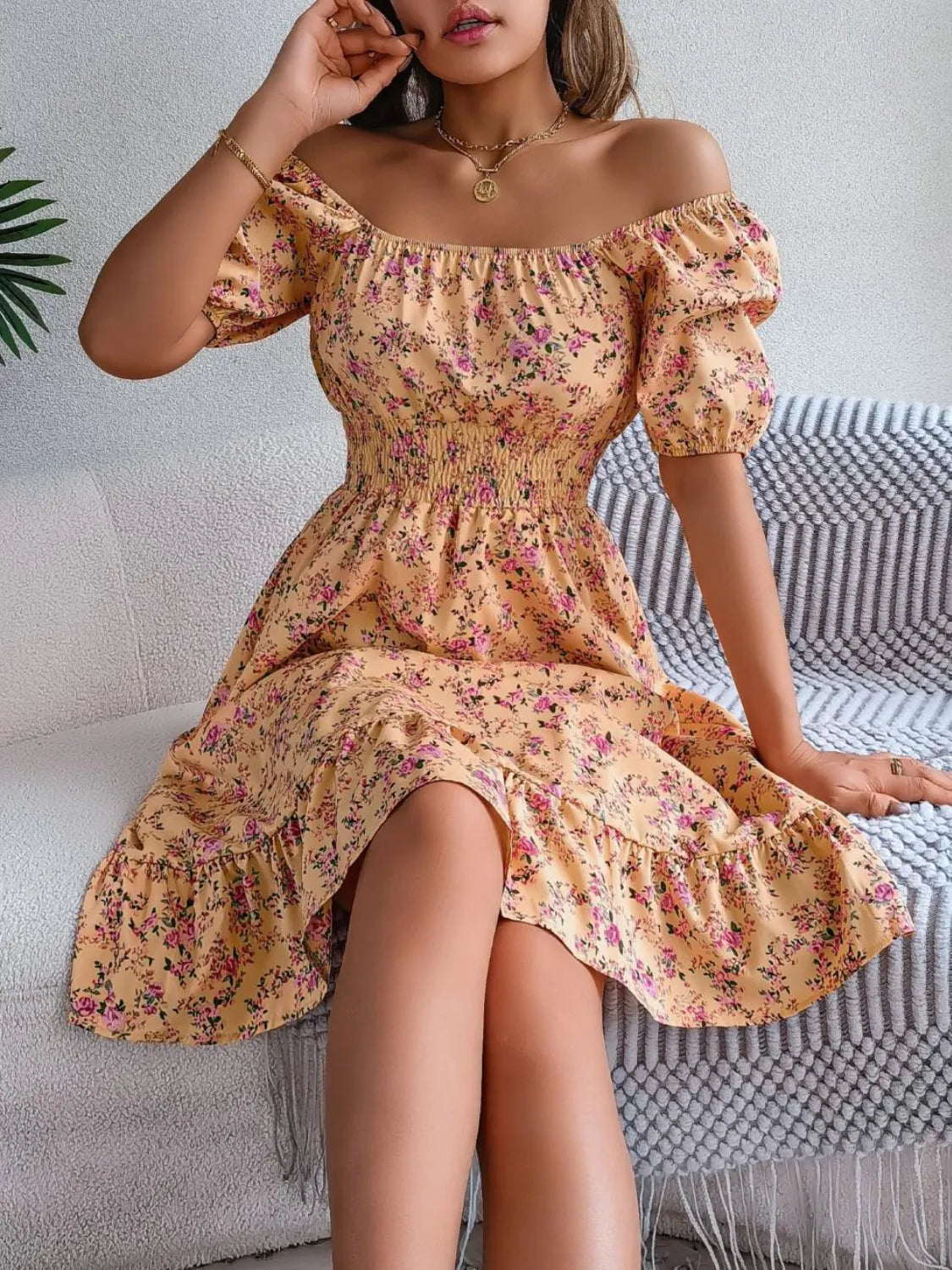 Ruffled Hem Floral Puff Sleeve Dress