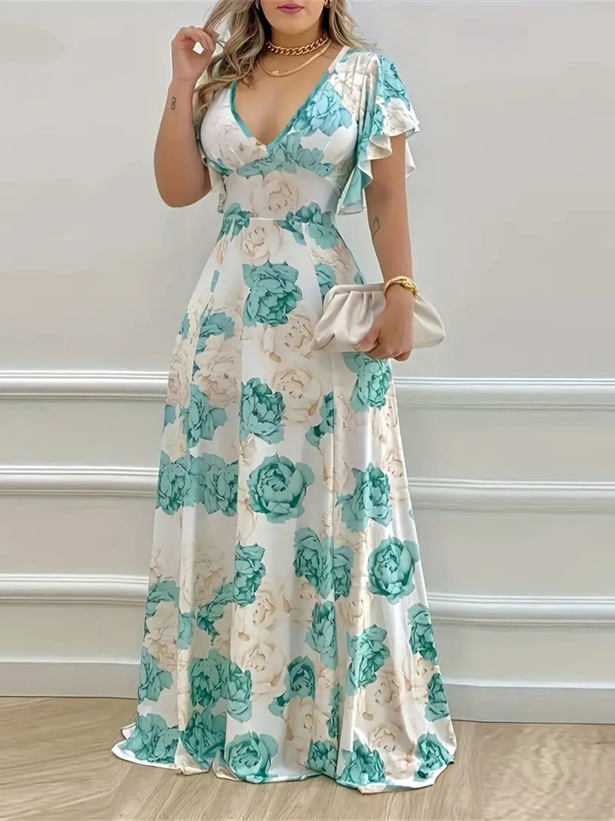 Plus Size Floral Flutter Sleeve Maxi Dress in Light Green