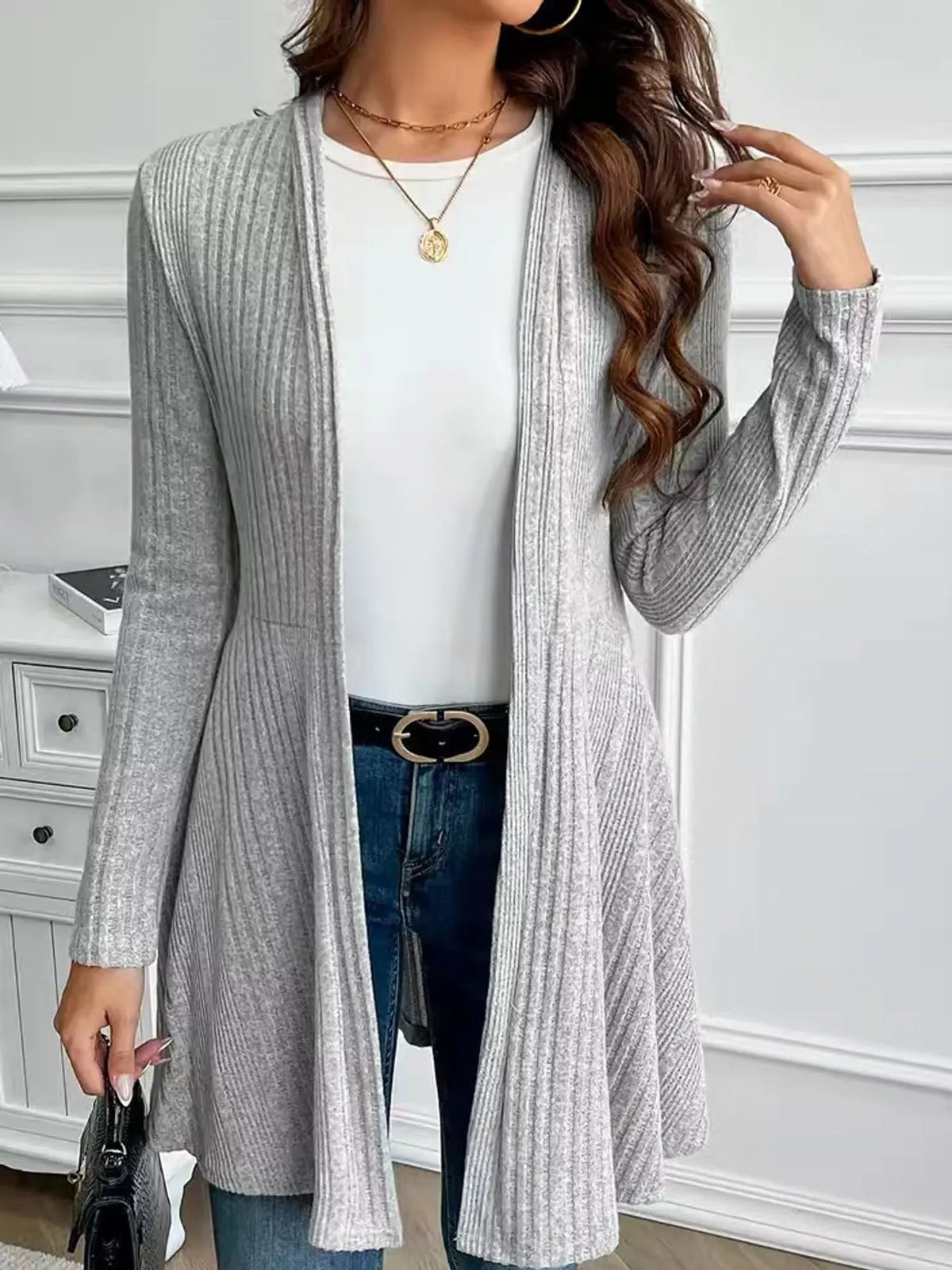 Ribbed Knit Open-Front Cardigan