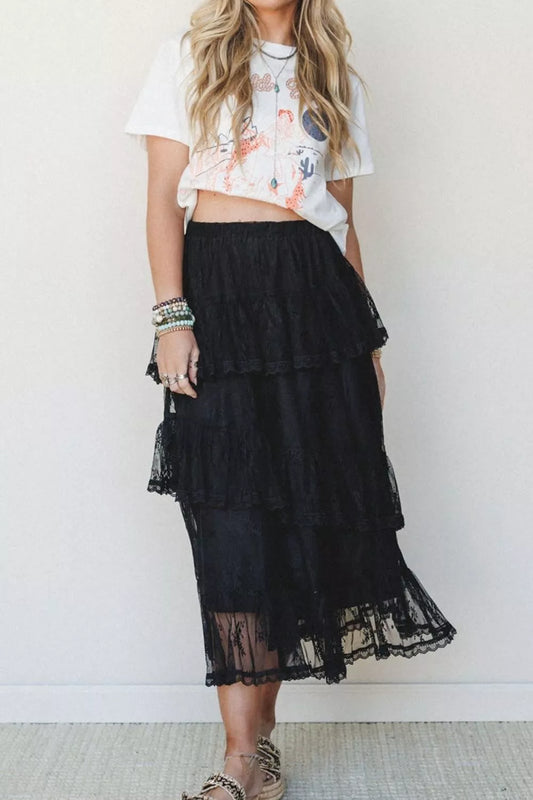 Ruffle Lace Tiered Skirt in Black
