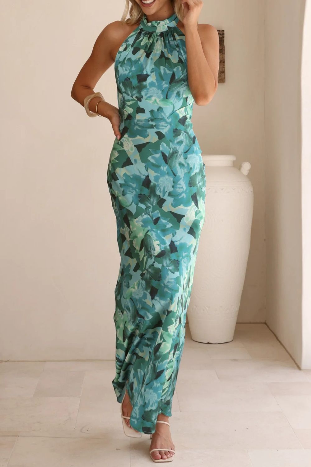 Floral Halter Neck Maxi Dress with Side Slit